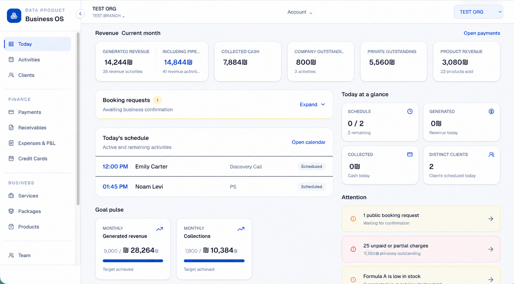 Business OS dashboard showing revenue, scheduling, goals, and operational alerts